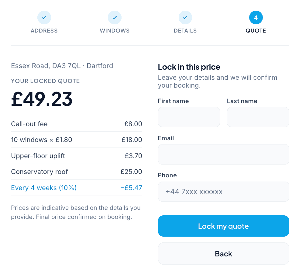 Interactive quote calculator showing a locked price of £49.23 with itemised breakdown and contact form