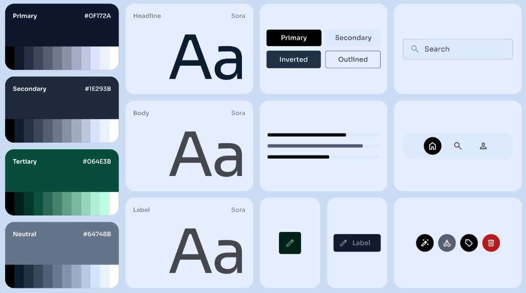 Example brand style guide showing logo colours, typography, and UI components for a trade business